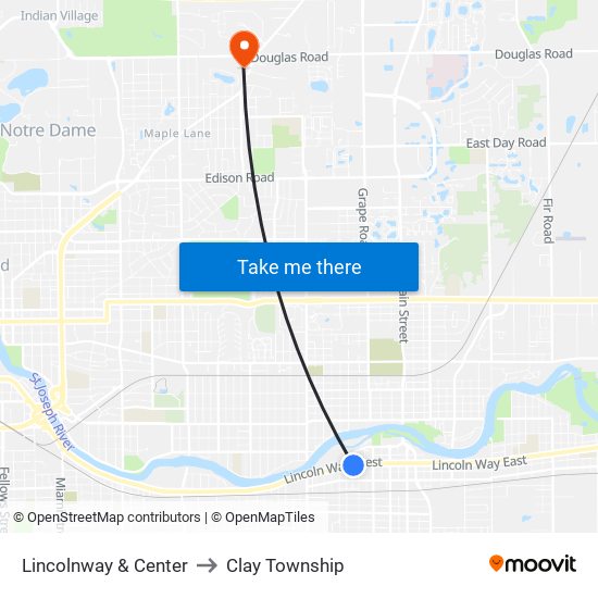 Lincolnway & Center to Clay Township map