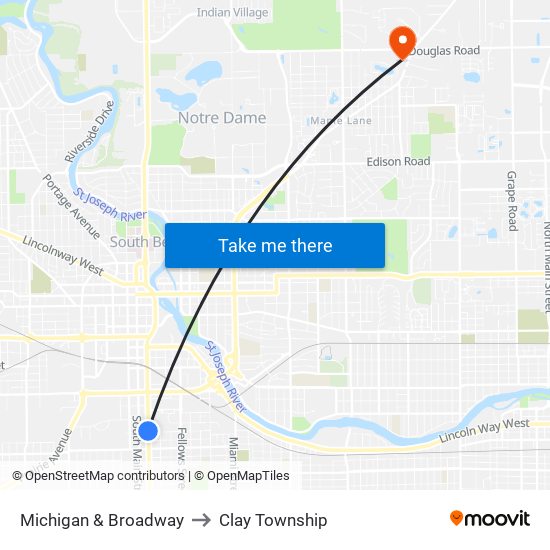 Michigan & Broadway to Clay Township map