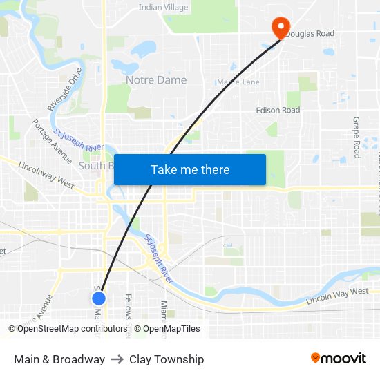 Main & Broadway to Clay Township map