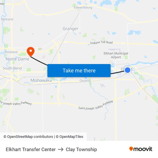 Elkhart Transfer Center to Clay Township map