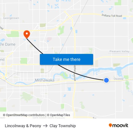 Lincolnway & Peony to Clay Township map