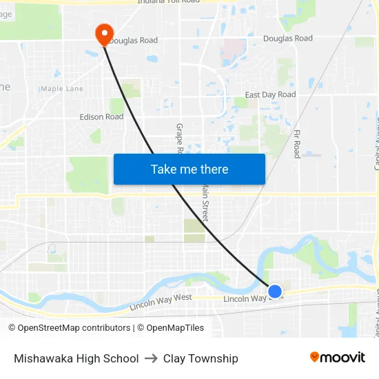Mishawaka High School to Clay Township map