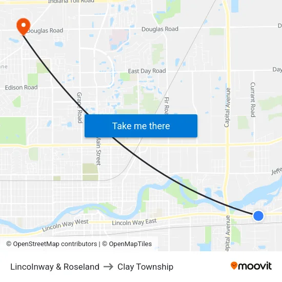 Lincolnway & Roseland (In) to Clay Township map