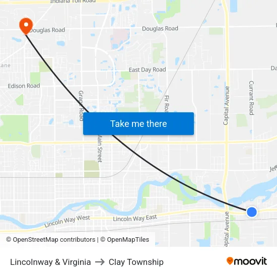 Lincolnway & Virginia to Clay Township map