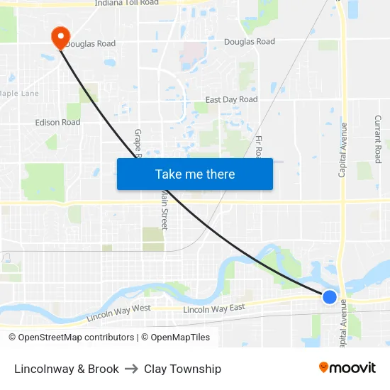 Lincolnway & Brook (Out) to Clay Township map