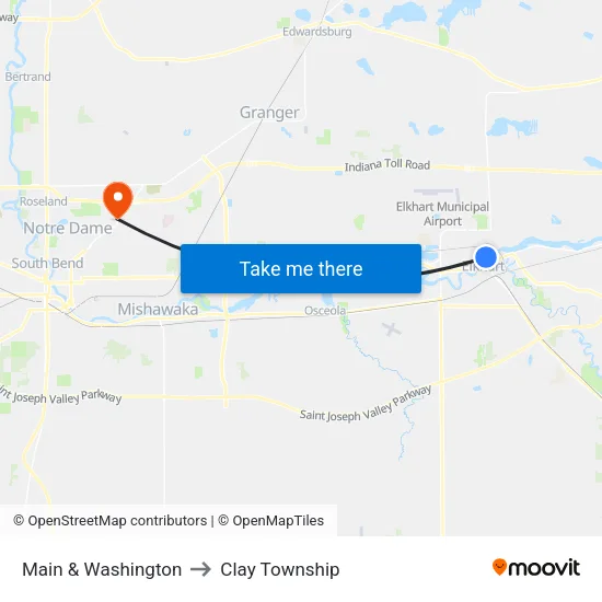 Main & Washington (Blue) to Clay Township map