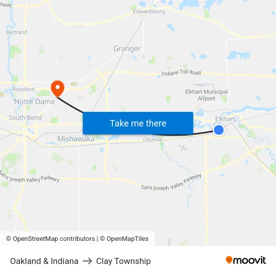 Oakland & Indiana to Clay Township map