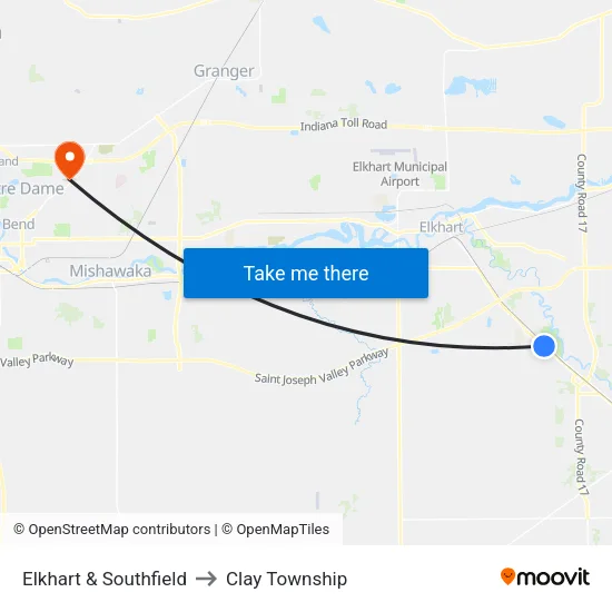 Elkhart & Southfield (Out) to Clay Township map