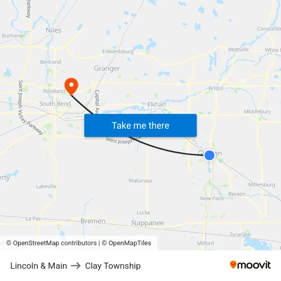 Lincoln & Main (Out) to Clay Township map