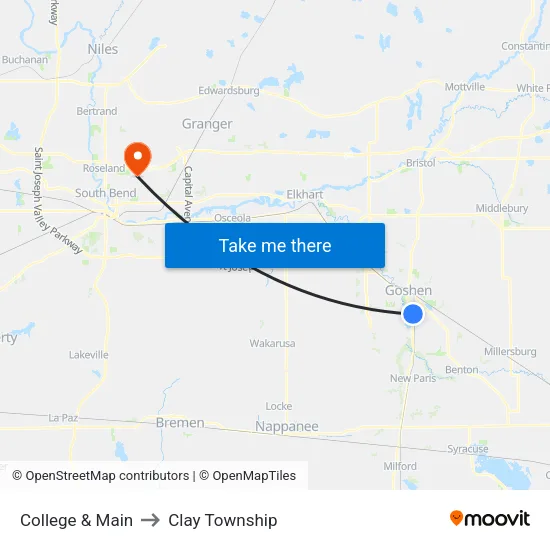 College & Main (Out) to Clay Township map