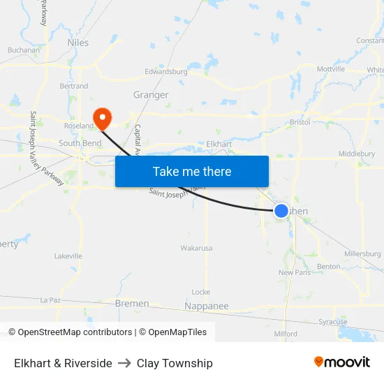 Elkhart & Riverside (In) to Clay Township map