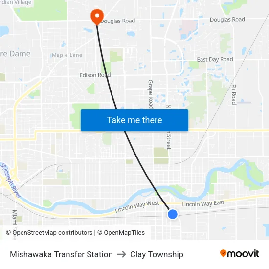 Mishawaka Transfer Station to Clay Township map