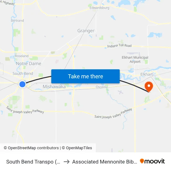 South Bend Transpo (S St Station) to Associated Mennonite Biblical Seminary map