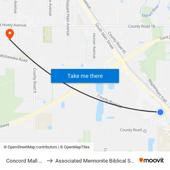 Concord Mall Drive to Associated Mennonite Biblical Seminary map