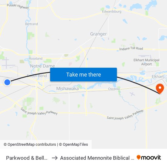 Parkwood & Bellewood to Associated Mennonite Biblical Seminary map