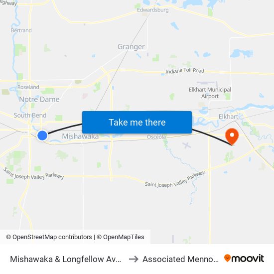 Mishawaka & Longfellow Ave - South Bend Farmer's Market to Associated Mennonite Biblical Seminary map