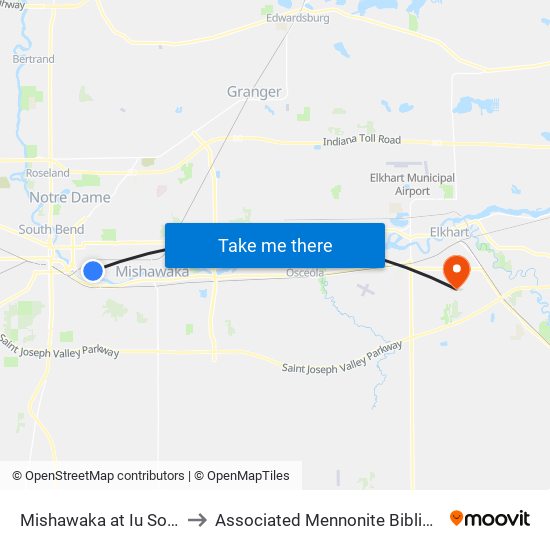 Mishawaka at Iu South Bend to Associated Mennonite Biblical Seminary map