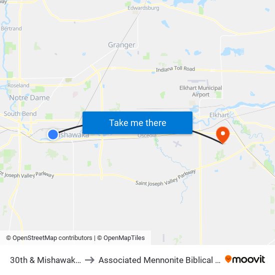 30th & Mishawaka Ave. to Associated Mennonite Biblical Seminary map