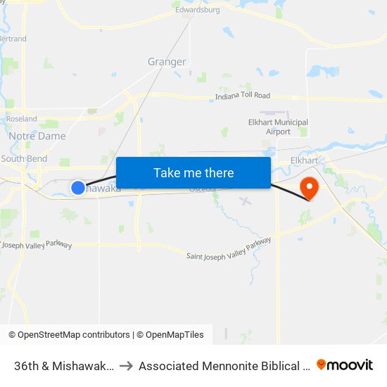 36th & Mishawaka Ave. to Associated Mennonite Biblical Seminary map
