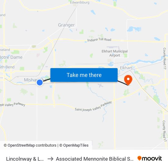 Lincolnway & Laurel to Associated Mennonite Biblical Seminary map