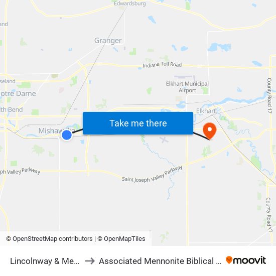 Lincolnway & Merrifield to Associated Mennonite Biblical Seminary map