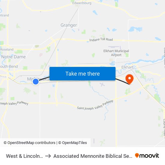 West & Lincolnway to Associated Mennonite Biblical Seminary map