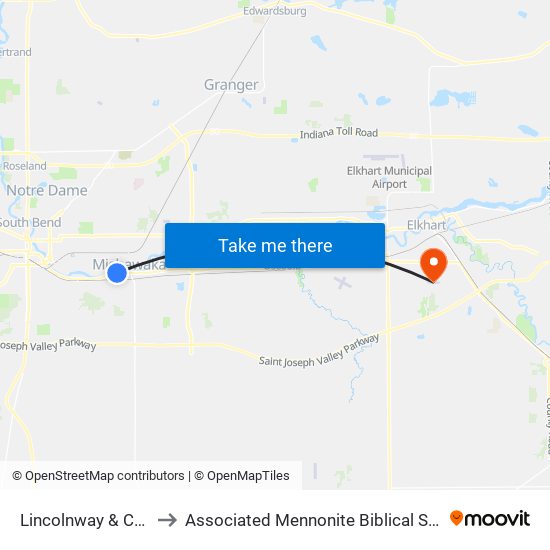 Lincolnway & Center to Associated Mennonite Biblical Seminary map