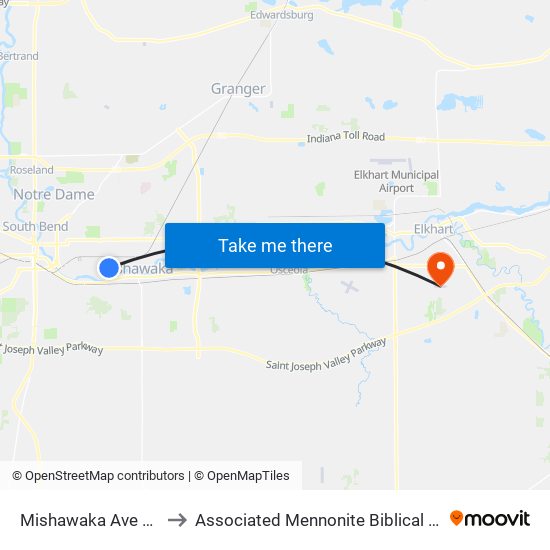 Mishawaka Ave & 35th to Associated Mennonite Biblical Seminary map