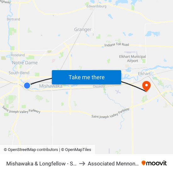 Mishawaka & Longfellow - South Bend Farmer's Market to Associated Mennonite Biblical Seminary map