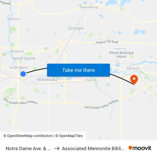 Notre Dame Ave. & Jefferson to Associated Mennonite Biblical Seminary map