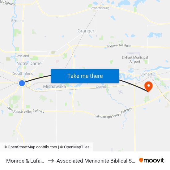 Monroe & Lafayette to Associated Mennonite Biblical Seminary map