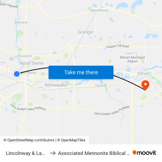 Lincolnway & Lawndale to Associated Mennonite Biblical Seminary map