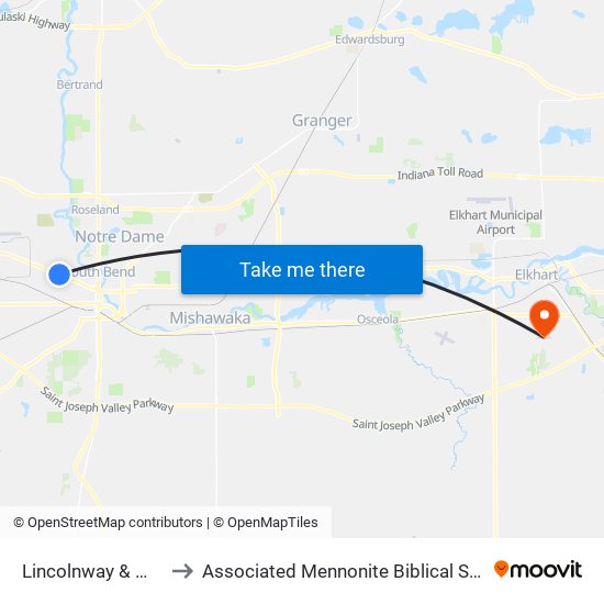 Lincolnway & Wilber to Associated Mennonite Biblical Seminary map