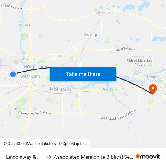 Lincolnway & Elliot to Associated Mennonite Biblical Seminary map