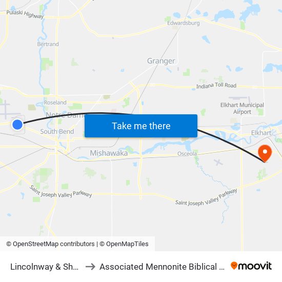 Lincolnway & Sheridan to Associated Mennonite Biblical Seminary map