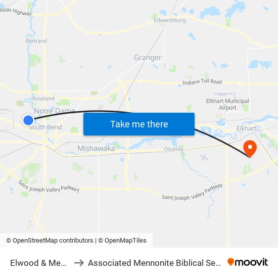 Elwood & Medora to Associated Mennonite Biblical Seminary map