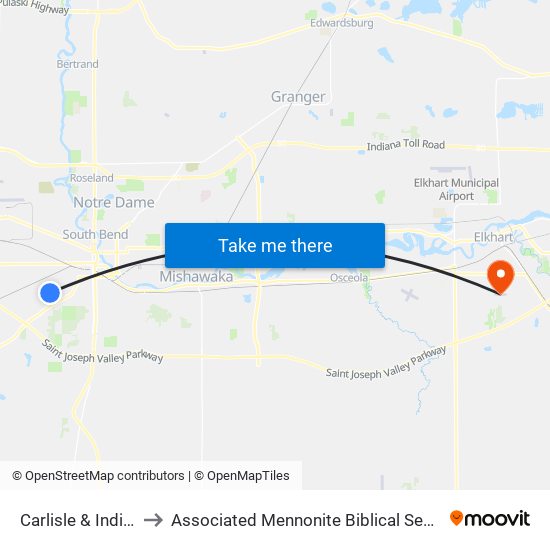 Carlisle & Indiana to Associated Mennonite Biblical Seminary map