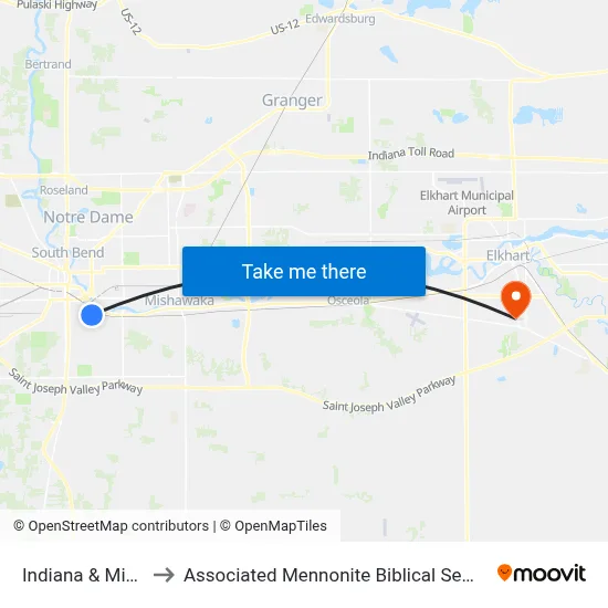Indiana & Miami to Associated Mennonite Biblical Seminary map