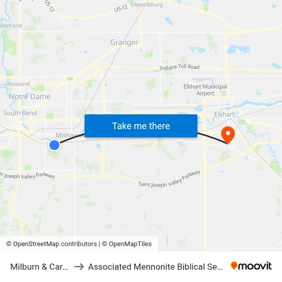 Milburn & Carlton to Associated Mennonite Biblical Seminary map