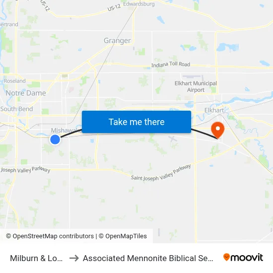 Milburn & Logan to Associated Mennonite Biblical Seminary map