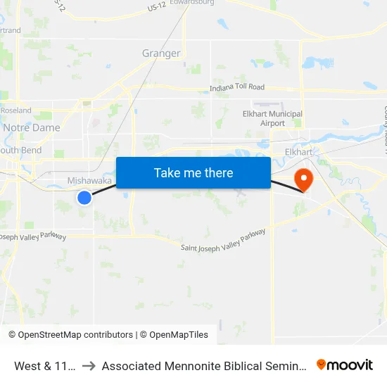 West & 11th to Associated Mennonite Biblical Seminary map