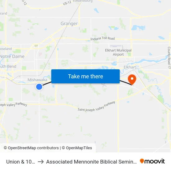 Union & 10th to Associated Mennonite Biblical Seminary map
