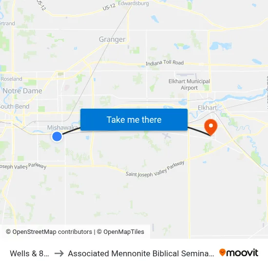 Wells & 8th to Associated Mennonite Biblical Seminary map