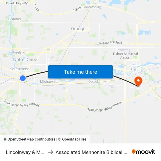Lincolnway & Monroe to Associated Mennonite Biblical Seminary map