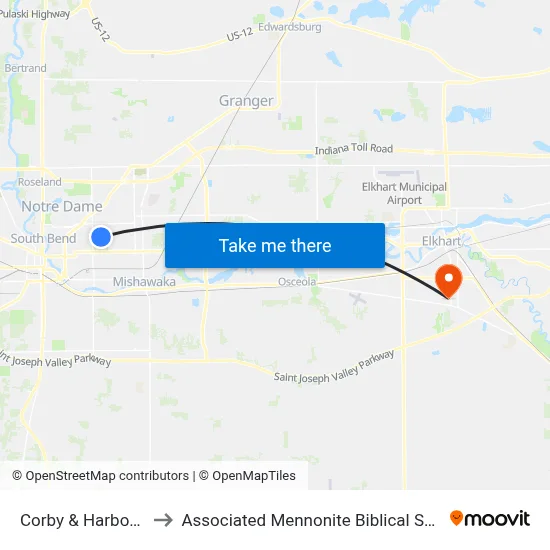 Corby & Harbor Ave to Associated Mennonite Biblical Seminary map