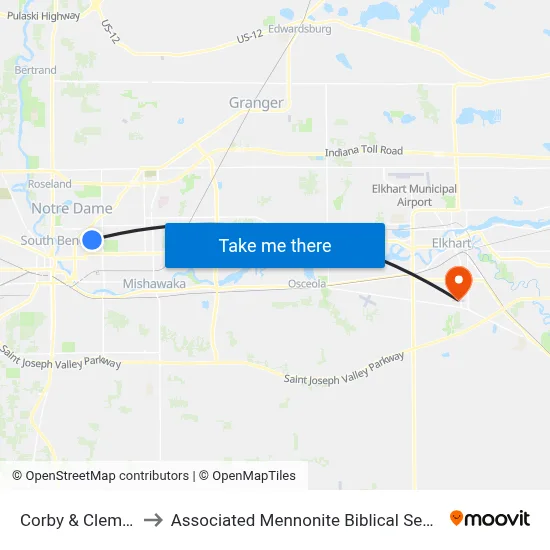 Corby & Clemens to Associated Mennonite Biblical Seminary map