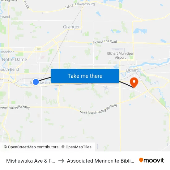 Mishawaka Ave & Forest Ave to Associated Mennonite Biblical Seminary map