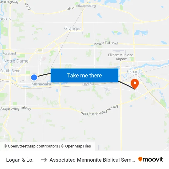 Logan & Lowell to Associated Mennonite Biblical Seminary map