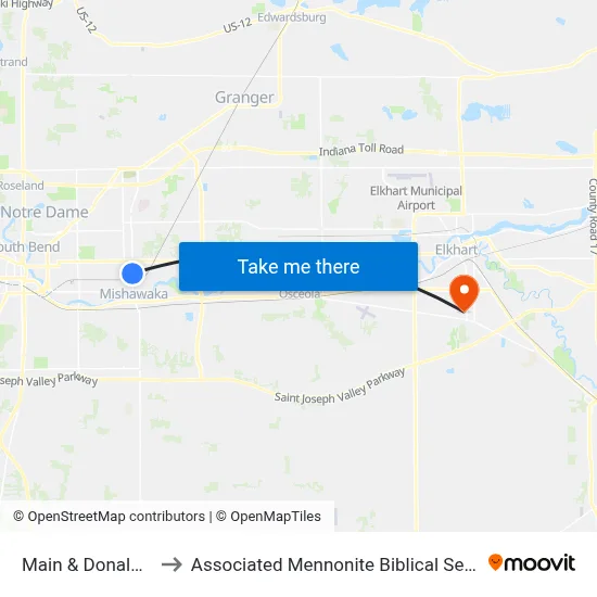 Main & Donaldson to Associated Mennonite Biblical Seminary map
