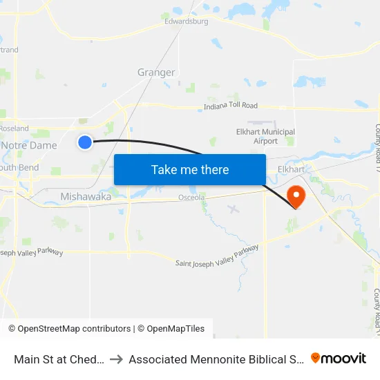 Main St at Cheddar's to Associated Mennonite Biblical Seminary map